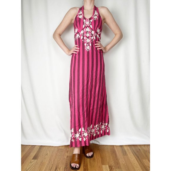 Vintage 70's Embroidered Maxi Striped Sleeveless Handmade Boho Halter Dress XS/S - Picture 8 of 8
